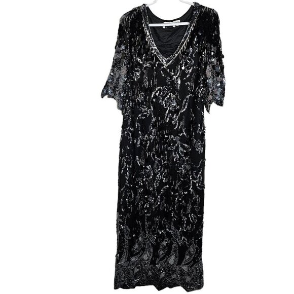 VTG OLEG CASSINI Beaded Silk Long Dress BLACK size 10 Maxi Flapper Great Gatsby - Picture 1 of 13
